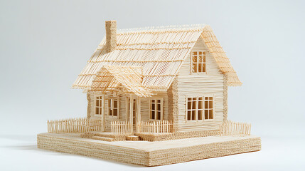 Leinwandbilder - A small model of a house constructed entirely from matchsticks