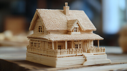 Leinwandbilder - A small model of a house constructed entirely from matchsticks