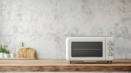 Poster - A sleek, white toaster oven sits on a wooden table, with a white cement wall in the background of a minimalist kitchen, ideal for toasting breakfast bread slices