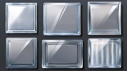 Fototapete - A set of realistic transparent glass plates with acrylic texture and light glares, framed in a rectangular shape and displayed on a clear background
