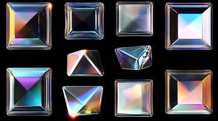 Poster - A set of 3D glass square shapes exhibiting refraction and holographic light dispersion, isolated on a black background for a transparent crystal effect