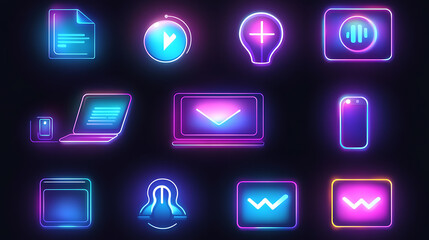 Poster - A collection of matte UI icons in a glassmorphism style, incorporating blurred neon gradients, including a notification bell, light bulb, laptop, web settings, percent discount, and download icons