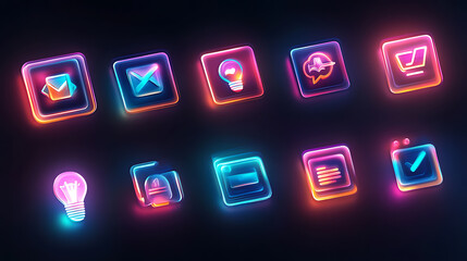 Aufkleber - A collection of matte UI icons in a glassmorphism style, incorporating blurred neon gradients, including a notification bell, light bulb, laptop, web settings, percent discount, and download icons