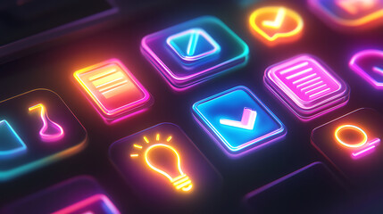 Fototapete - A collection of matte UI icons in a glassmorphism style, incorporating blurred neon gradients, including a notification bell, light bulb, laptop, web settings, percent discount, and download icons