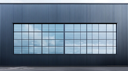 Poster - sleek modern warehouse office building exterior industrialchic design with clean lines and large windows metal and glass facade reflects surrounding environment