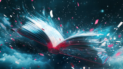 Fototapete - open book with flying pages and magical light rays on dark background generative ai concept digital painting