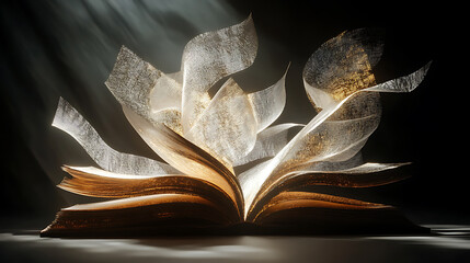Poster - open book with flying pages and magical light rays on dark background generative ai concept digital painting