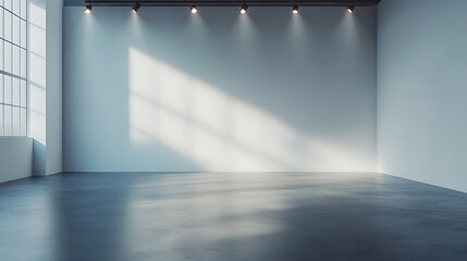 Fototapete - minimalist studio setup with a smooth grey floor seamlessly transitioning into a white cyc wall dramatically lit by overhead spotlights creating a subtle gradient effect