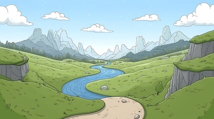 Wall Mural - Cartoon Landscape with River and Mountains.