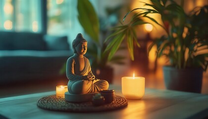 Canvas Print - Mindfulness meditation, vibrant lighting, serene atmosphere, modern home setup