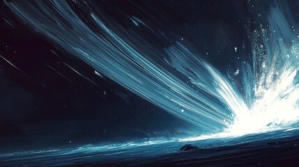Wall Mural - A bright, glowing comet streaks across the night sky, leaving a trail of light and debris as it crashes into a distant planet.