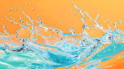 Fototapete - Aqua waves on orange background, Light and shadows, Water spills on a light orange background, Natural sunlight and shade, Beautiful bursts, waves, drops, streaks, highlights, glare, Summer mood