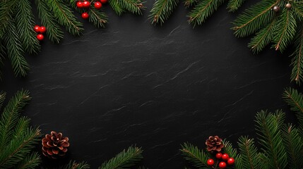 Wall Mural - A festive garland features branches, berries, and ornaments against a black background, creating an ideal frame for holiday messages