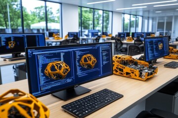 3D-rendered hackerspace with desks filled with robotic parts and code screens, emphasizing a digital workshop vibe