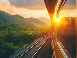 Wall Mural - Scenic train journey with vibrant landscapes, soft lighting, dynamic energy, cozy atmosphere, relaxing vibe