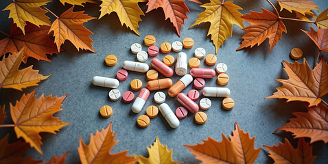 Dietary supplements such as vitamins and trace elements in tablet form to strengthen the body's defenses against diseases in autumn and winter