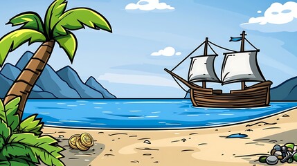 Wall Mural - Cartoon Illustration of a Ship on a Tropical Beach with Palm Trees.