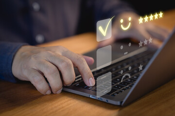 Poster - Man select a happy face icon on a feedback scale with neutral and sad face options below. Concept symbolized customer satisfaction, online reviews, decision-making in user experience evaluation.