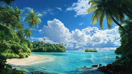 Wall Mural - tropical beach with clear water and lush green palms under a blue sky.