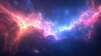 Wall Mural - A vibrant, swirling nebula with pink and blue gas clouds, glowing with light and scattered with stars in a deep space background.