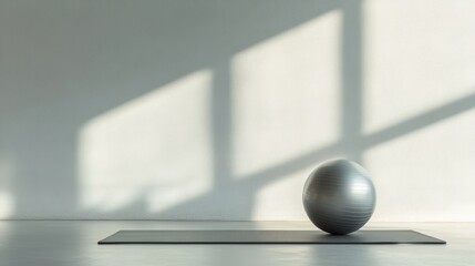 Poster - Silver fitness ball placed on a yoga mat in a sunlit room, creating a serene atmosphere perfect for exercise, yoga, or pilates, promoting wellness and a healthy lifestyle