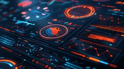 Wall Mural - close-up of a futuristic interface with data displays, showing lines, graphs, and a globe in the cen