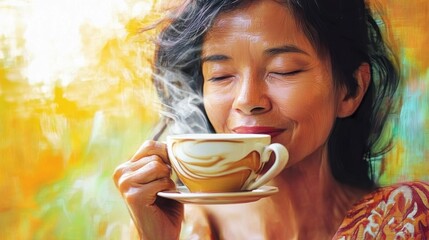 Woman is drinking morning coffee