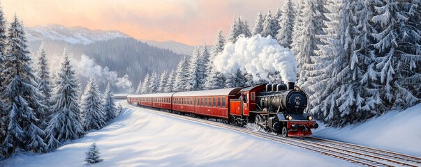 old vintage train ride in snowy forest in north pole. historic steam locomotive. fairy tale winter l