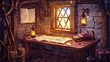 © NatthaphonSiri - Wooden cabin interior with table, maps, and a lantern.