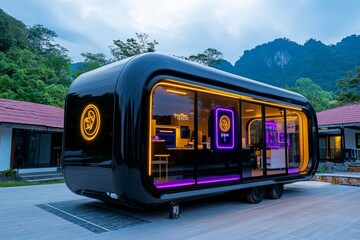 Cyberpunk-inspired mobile clinic with neon signs in a rural village, showing high-tech healthcare accessibility