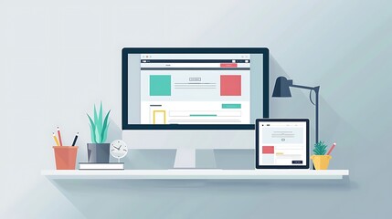 Minimalist illustration of a desktop workspace with a computer screen, tablet, and plant, all showcasing website mockups. The design highlights clean lines and a modern aesthetic.