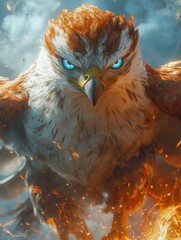 ** majestic mythical phoenix with fiery feathers and intense blue eyes in a mystical cloudy backgrou