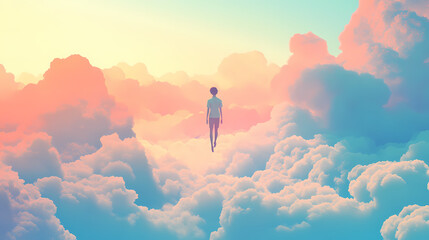 Canvas Print - A person with a surreal, dreamlike appearance, floating in a sea of clouds. imaginative self-expression and freedom. generative ai. Dreamscape. Illustration