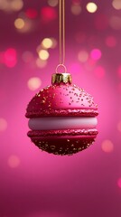 Wall Mural - festive pink macaron-shaped christmas ornament hanging against a blurred bokeh background, merging h