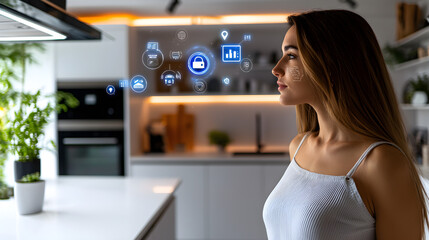 Wall Mural - a woman is looking at a computer screen with a blue and white design