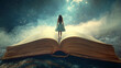 © Thiago - Fantasy landscape with a young girl on a giant book overlooking mystical terrain under a celestial sky. Dreamscape. Illustration