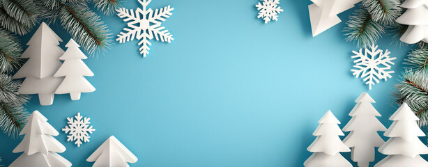 Wall Mural - Modern Christmas decoration with white trees and snowflakes on blue background.