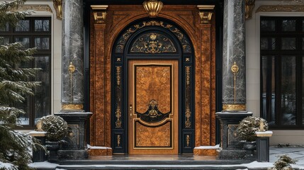 Luxury grand entrance door with polished wood panels and gold inlays.