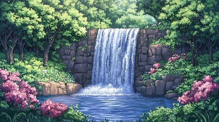 Wall Mural - Tranquil Waterfall in a Lush Forest.