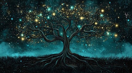 Wall Mural - Tree of Light, Glowing Branches Against Starry Night Sky.