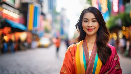 A young asian woman tourist is standing and smiling on a city street during the tour