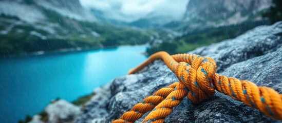 Wall Mural - closeup of a knotted rope on a rocky mountain edge overlooking a blue mountain lake with a rainy bac