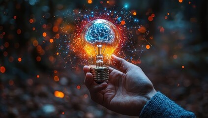 Aufkleber - A Hand Holding a Lightbulb with a Brain Inside Against a Blurry Background