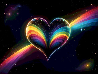 Wall Mural - abstract illustration sillhouette Cosmic Rainbow Heart Light background dark starry night deep space background