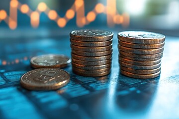 Aufkleber - Two Stacks of Shiny Coins on a Blue Surface with Blurred Lights in the Background