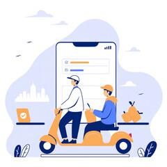 Online delivery service concept, online order tracking, delivery home and office. Warehouse, truck, drone, scooter and bicycle courier, delivery man in respiratory mask. Vector illustration