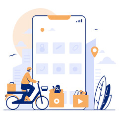 Online delivery service concept, online order tracking, delivery home and office. Warehouse, truck, drone, scooter and bicycle courier, delivery man in respiratory mask. Vector illustration