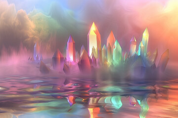 Wall Mural - An abstract landscape of floating crystals in a dreamlike fog, each crystal reflecting rainbow colors, appearing almost like a prism, casting fragmented lights onto each other. 