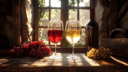 Wall Mural - a bottle of red wine with a glass of red wine and a glass of white wine, along with grapes on a wood
