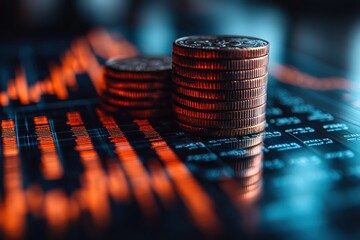 Aufkleber - Coins Stacked on a Stock Market Chart